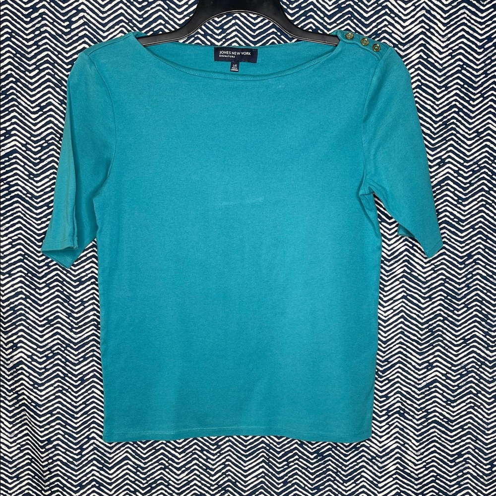 Jones New York Teal Button-Shoulder Tee